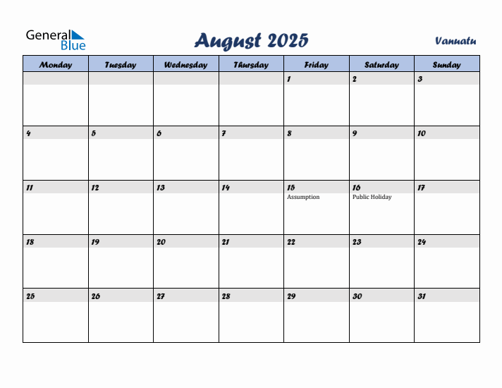 August 2025 Calendar with Holidays in Vanuatu