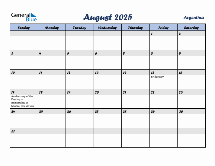 August 2025 Calendar with Holidays in Argentina