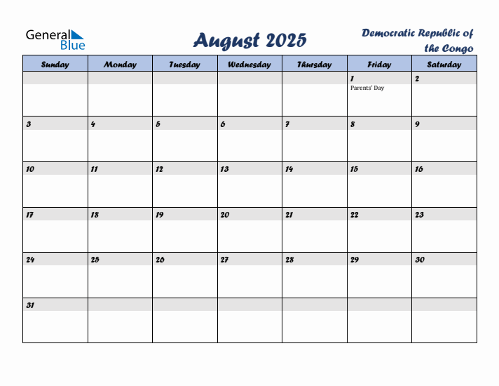 August 2025 Calendar with Holidays in Democratic Republic of the Congo
