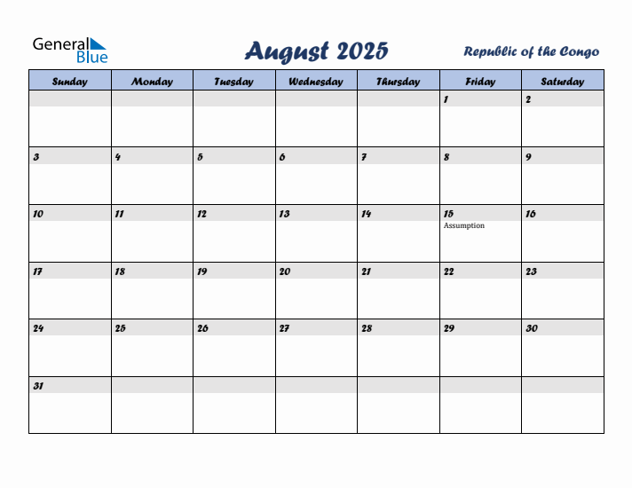 August 2025 Calendar with Holidays in Republic of the Congo