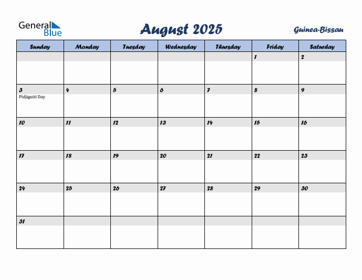 August 2025 Calendar with Holidays in Guinea-Bissau