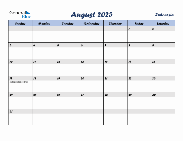 August 2025 Calendar with Holidays in Indonesia