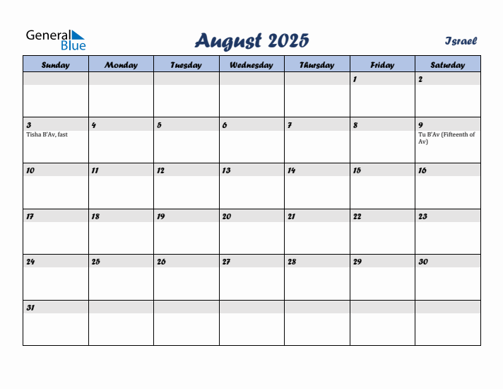 August 2025 Calendar with Holidays in Israel