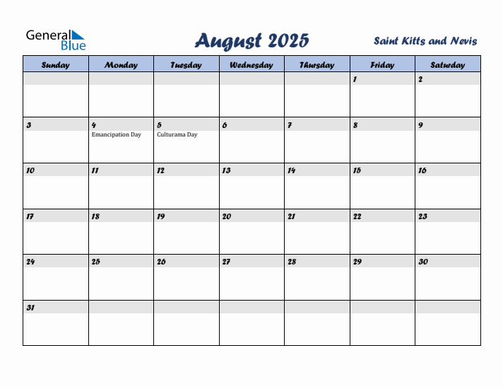 August 2025 Calendar with Holidays in Saint Kitts and Nevis