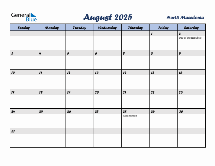 August 2025 Calendar with Holidays in North Macedonia