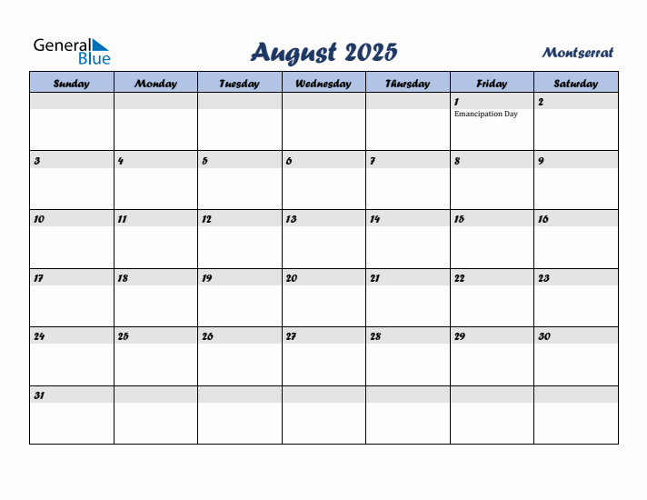 August 2025 Calendar with Holidays in Montserrat