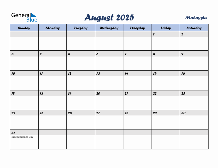 August 2025 Calendar with Holidays in Malaysia