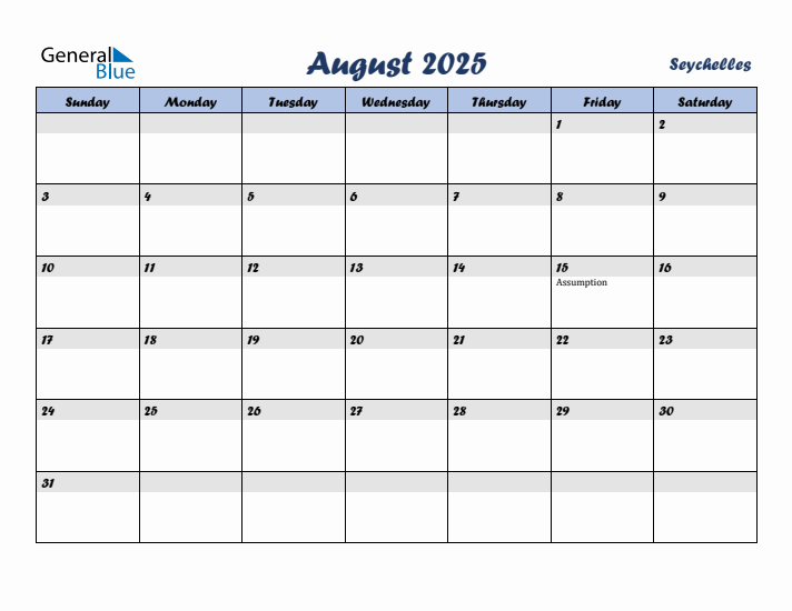 August 2025 Calendar with Holidays in Seychelles