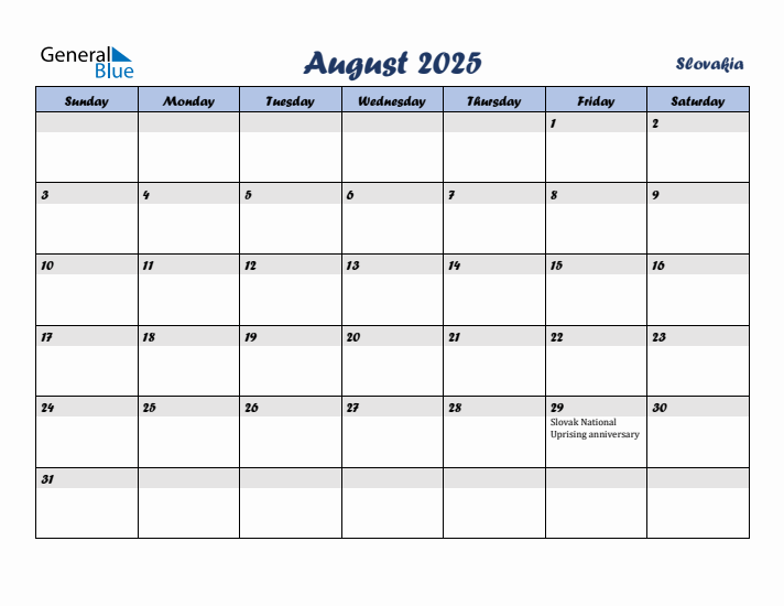 August 2025 Calendar with Holidays in Slovakia