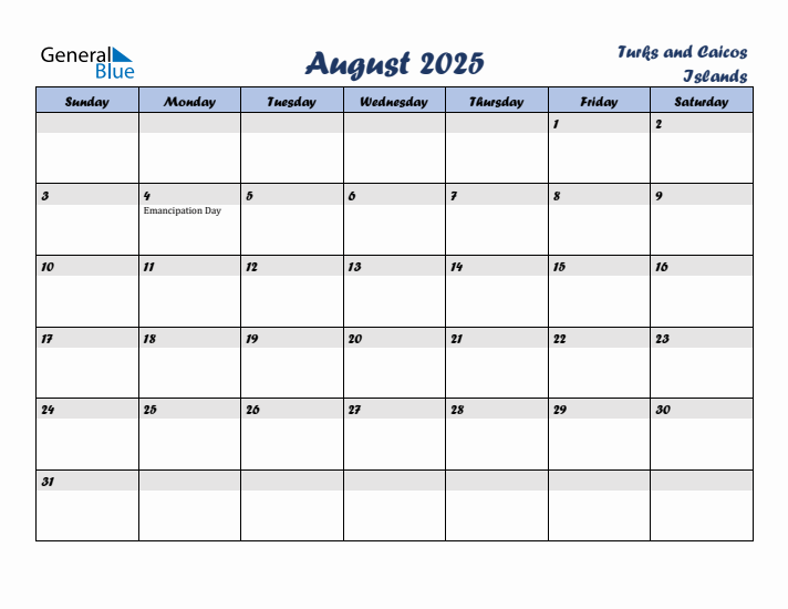 August 2025 Calendar with Holidays in Turks and Caicos Islands