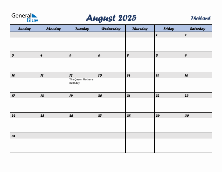 August 2025 Calendar with Holidays in Thailand