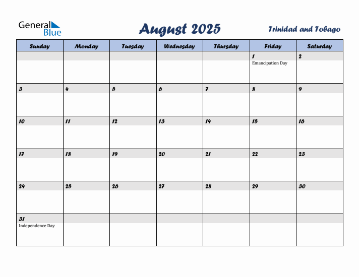 August 2025 Calendar with Holidays in Trinidad and Tobago
