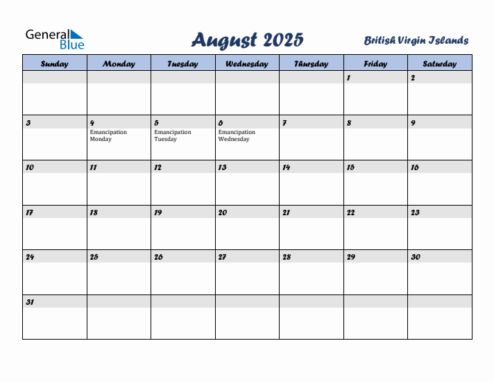 August 2025 Calendar with Holidays in British Virgin Islands