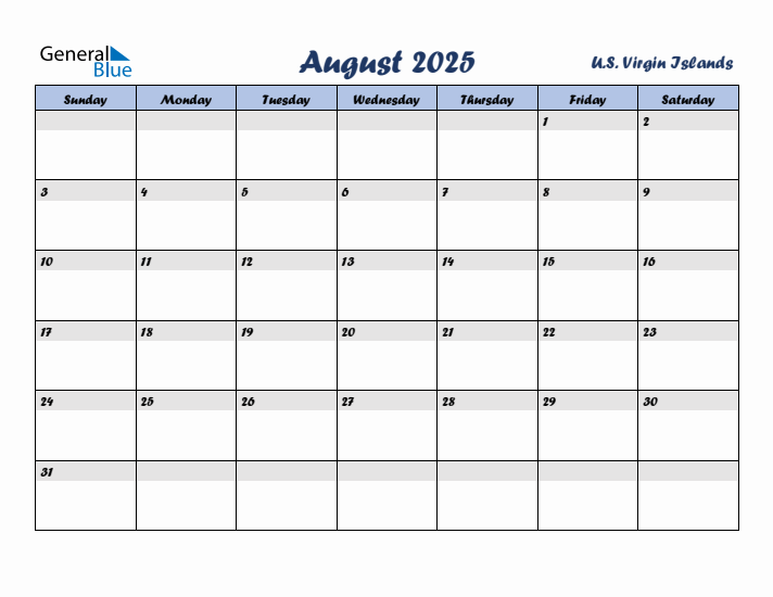 August 2025 Calendar with Holidays in U.S. Virgin Islands