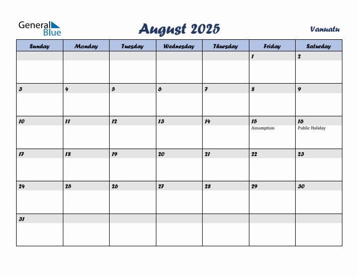 August 2025 Calendar with Holidays in Vanuatu