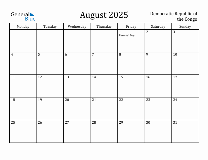 August 2025 Calendar Democratic Republic of the Congo