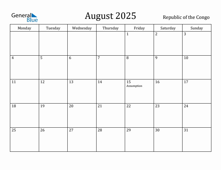 August 2025 Calendar Republic of the Congo