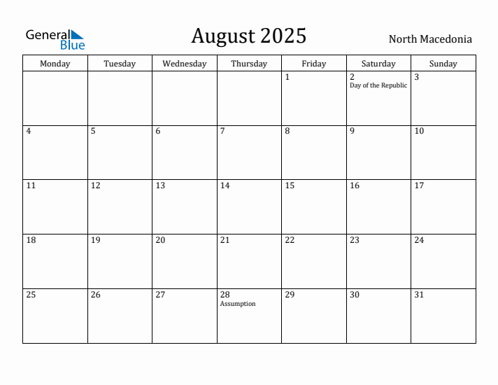 August 2025 Calendar North Macedonia
