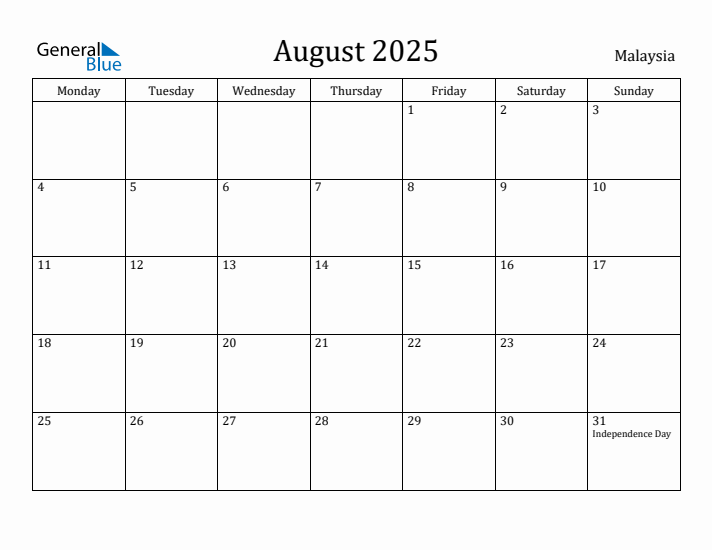 August 2025 Calendar Malaysia