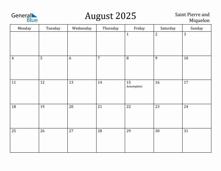 August 2025 Calendar Saint Pierre and Miquelon