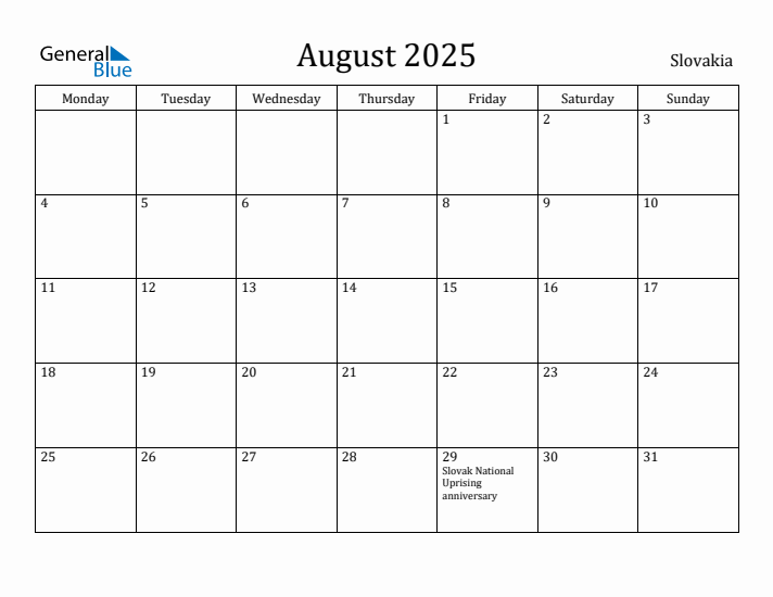 August 2025 Calendar Slovakia