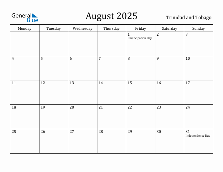 August 2025 Calendar Trinidad and Tobago