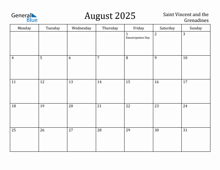August 2025 Calendar Saint Vincent and the Grenadines