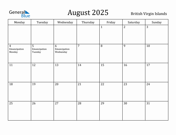 August 2025 Calendar British Virgin Islands