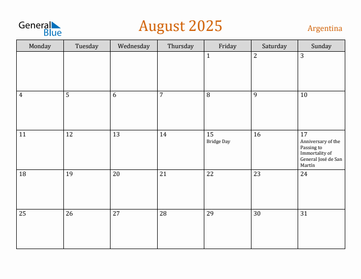 August 2025 Holiday Calendar with Monday Start