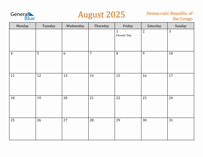 August 2025 Holiday Calendar with Monday Start