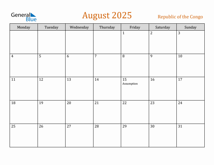 August 2025 Holiday Calendar with Monday Start