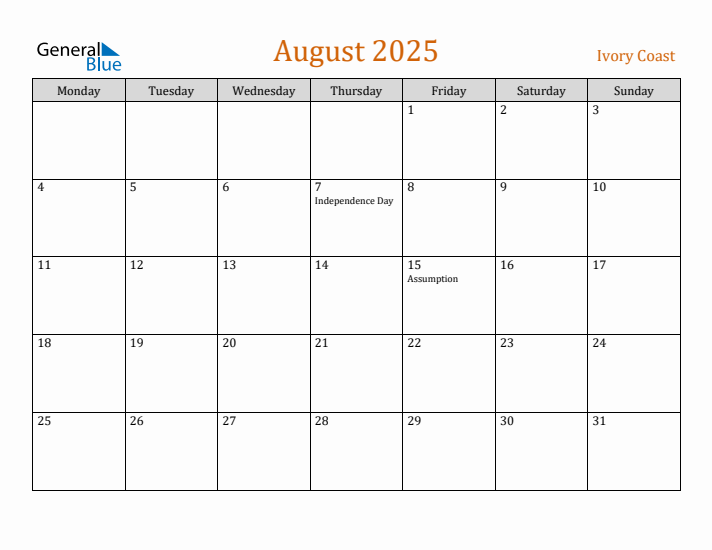 August 2025 Holiday Calendar with Monday Start