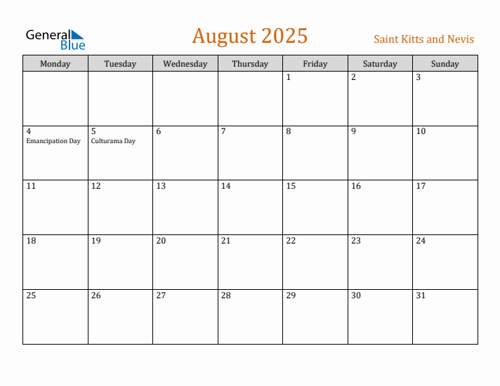 August 2025 Holiday Calendar with Monday Start