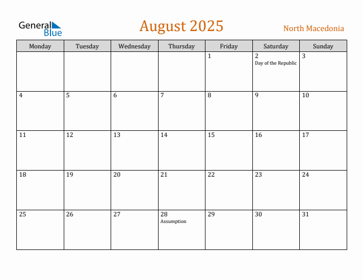 August 2025 Holiday Calendar with Monday Start