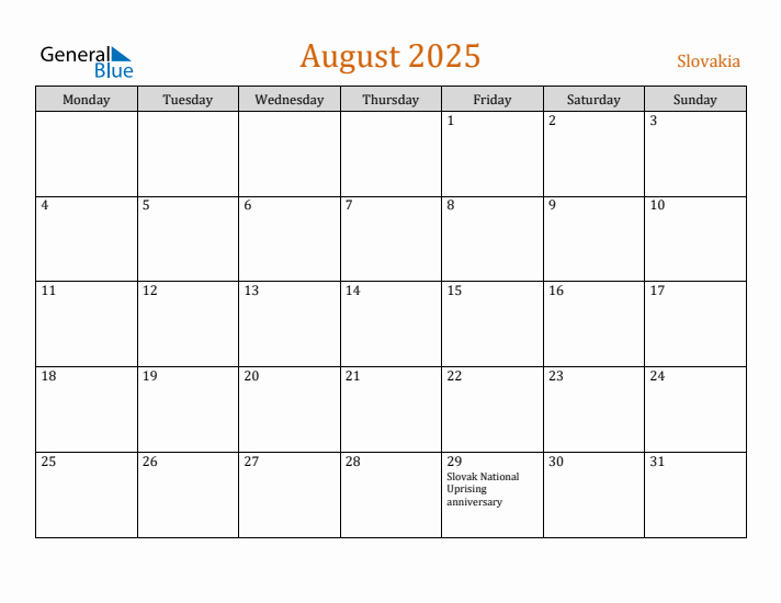 August 2025 Holiday Calendar with Monday Start