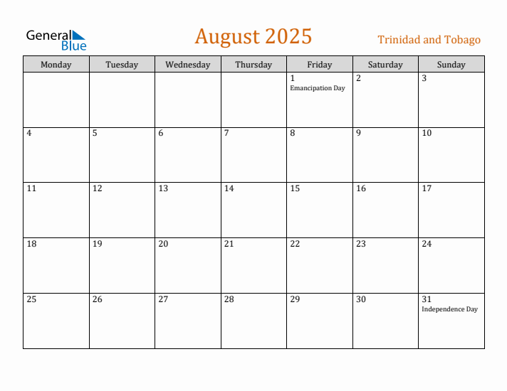 August 2025 Holiday Calendar with Monday Start
