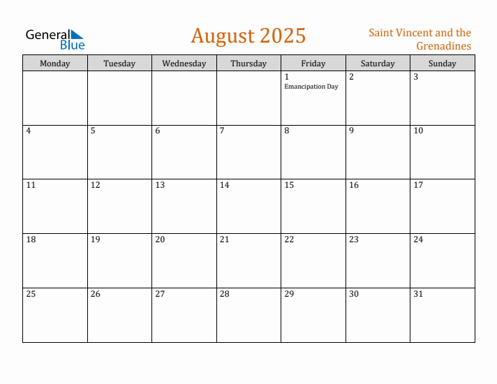 August 2025 Holiday Calendar with Monday Start