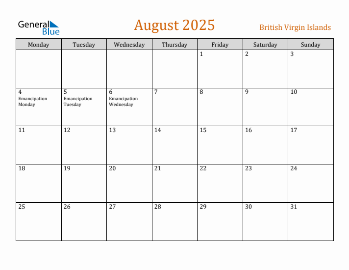 August 2025 Holiday Calendar with Monday Start