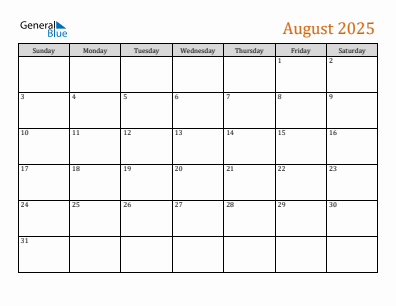 Next month calendar August 2025