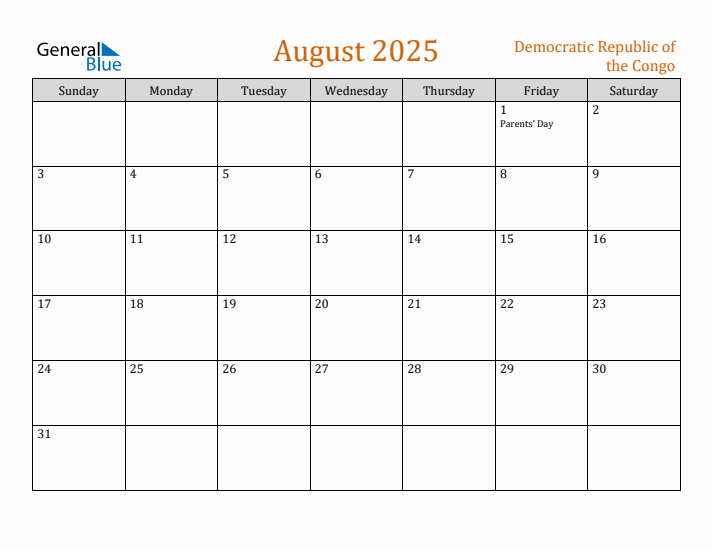 August 2025 Holiday Calendar with Sunday Start