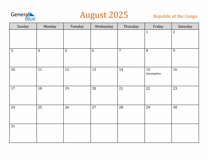 August 2025 Holiday Calendar with Sunday Start