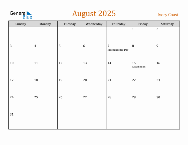 August 2025 Holiday Calendar with Sunday Start