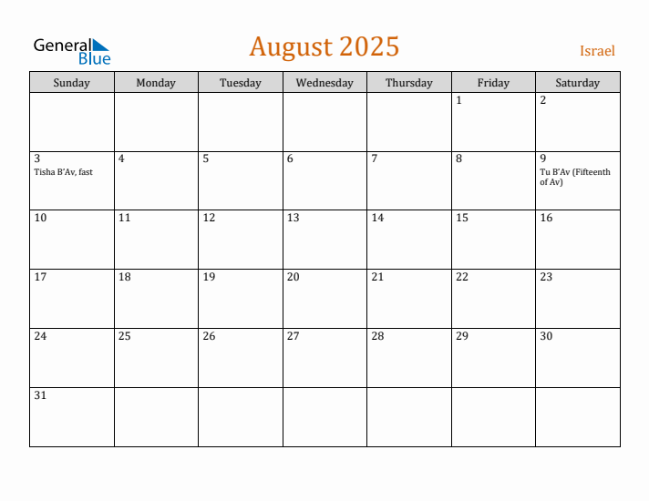 August 2025 Holiday Calendar with Sunday Start