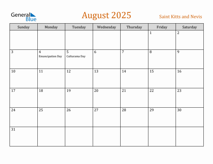 August 2025 Holiday Calendar with Sunday Start