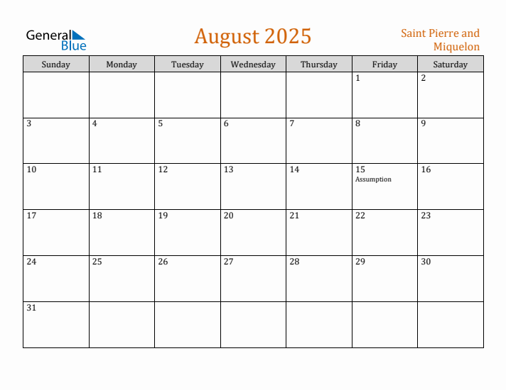 August 2025 Holiday Calendar with Sunday Start