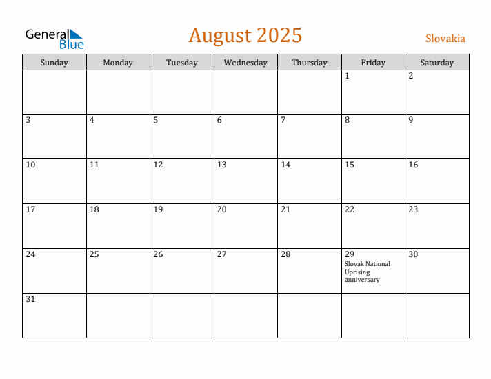 August 2025 Holiday Calendar with Sunday Start