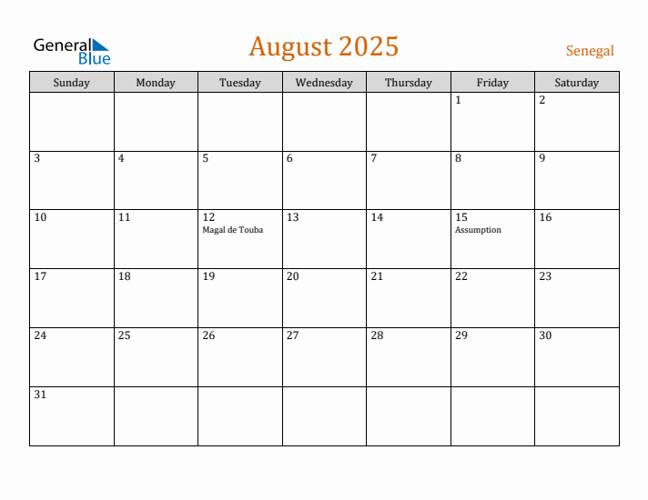 August 2025 Holiday Calendar with Sunday Start