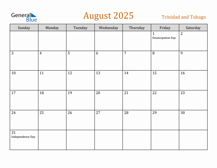August 2025 Holiday Calendar with Sunday Start