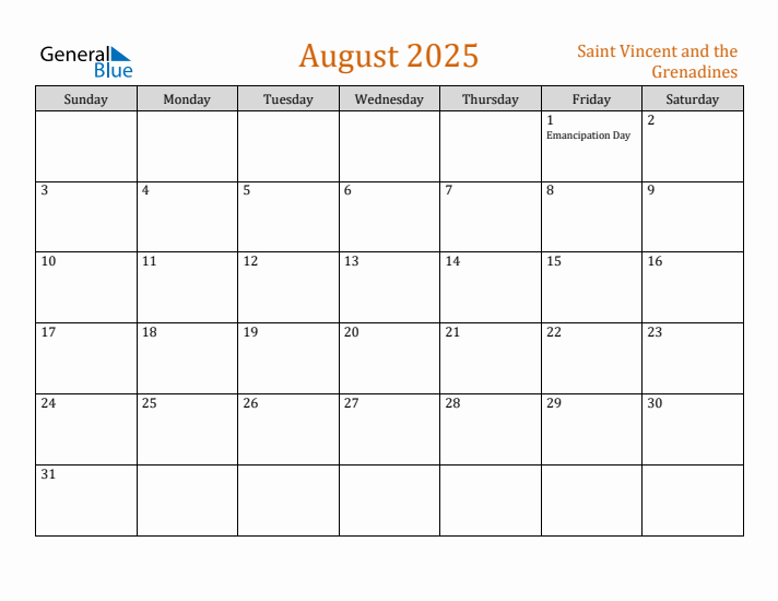 August 2025 Holiday Calendar with Sunday Start
