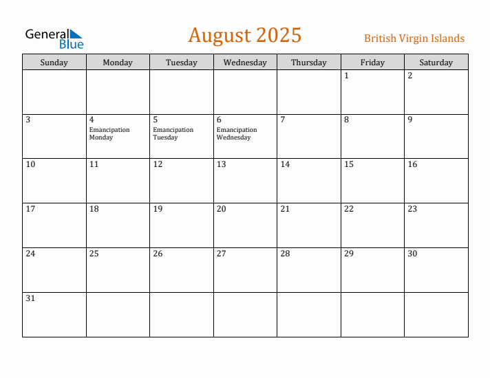 August 2025 Holiday Calendar with Sunday Start